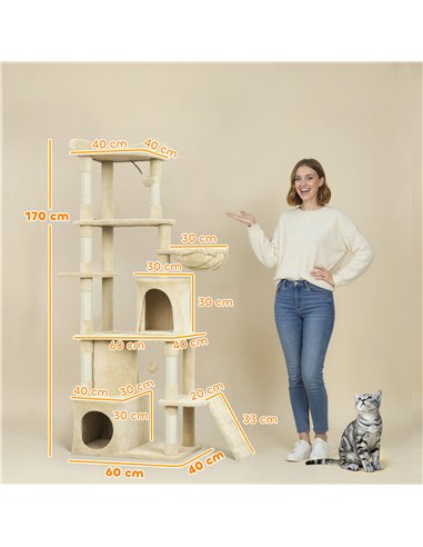 PawHut 170 cm Large Cat Tree, Cat Tower with 7 Scratching Posts, Tunnel, 2 Condos, Hammock, Perch, Ramp, Pompoms, Beige