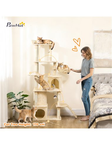 PawHut 170 cm Large Cat Tree, Cat Tower with 7 Scratching Posts, Tunnel, 2 Condos, Hammock, Perch, Ramp, Pompoms, Beige