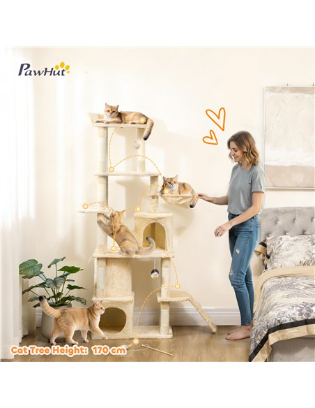 PawHut 170 cm Large Cat Tree, Cat Tower with 7 Scratching Posts, Tunnel, 2 Condos, Hammock, Perch, Ramp, Pompoms, Beige - pic 194254 | FastDaddyshop