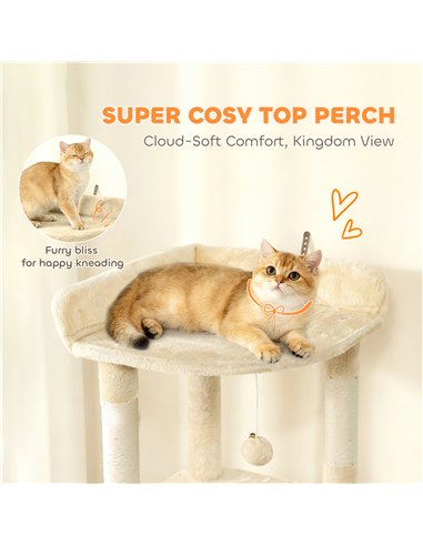 PawHut 170 cm Large Cat Tree, Cat Tower with 7 Scratching Posts, Tunnel, 2 Condos, Hammock, Perch, Ramp, Pompoms, Beige