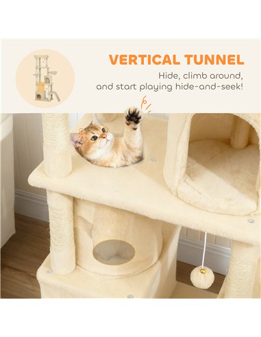 PawHut 170 cm Large Cat Tree, Cat Tower with 7 Scratching Posts, Tunnel, 2 Condos, Hammock, Perch, Ramp, Pompoms, Beige