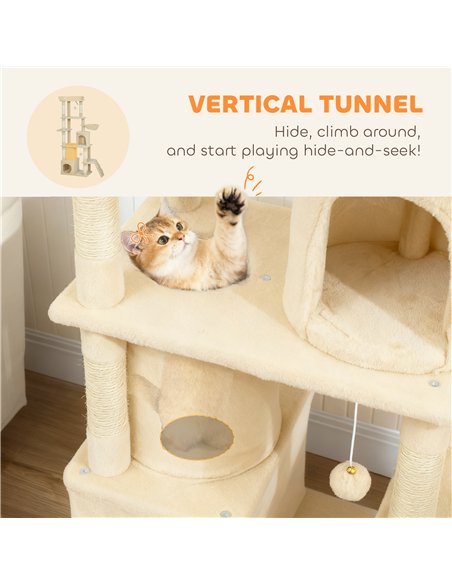 PawHut 170 cm Large Cat Tree, Cat Tower with 7 Scratching Posts, Tunnel, 2 Condos, Hammock, Perch, Ramp, Pompoms, Beige - pic 194256 | FastDaddyshop