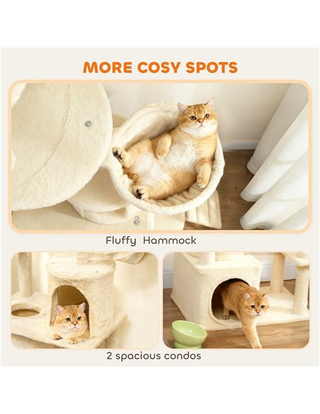 PawHut 170 cm Large Cat Tree, Cat Tower with 7 Scratching Posts, Tunnel, 2 Condos, Hammock, Perch, Ramp, Pompoms, Beige - pic 194257 | FastDaddyshop
