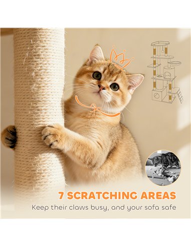 PawHut 170 cm Large Cat Tree, Cat Tower with 7 Scratching Posts, Tunnel, 2 Condos, Hammock, Perch, Ramp, Pompoms, Beige