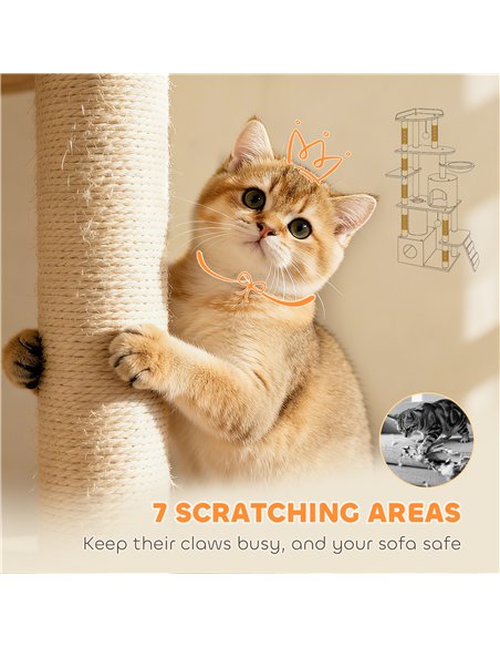 PawHut 170 cm Large Cat Tree, Cat Tower with 7 Scratching Posts, Tunnel, 2 Condos, Hammock, Perch, Ramp, Pompoms, Beige - pic 194258 | FastDaddyshop