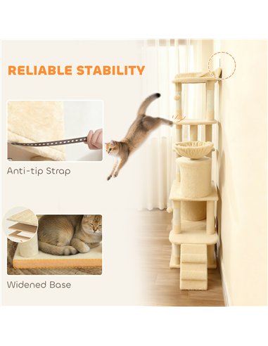 PawHut 170 cm Large Cat Tree, Cat Tower with 7 Scratching Posts, Tunnel, 2 Condos, Hammock, Perch, Ramp, Pompoms, Beige
