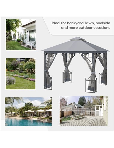 Outsunny 3 x 3 M Garden Gazebo Patio Party Tent Shelter Outdoor Canopy Double Tier Sun Shade Metal Frame Light Grey