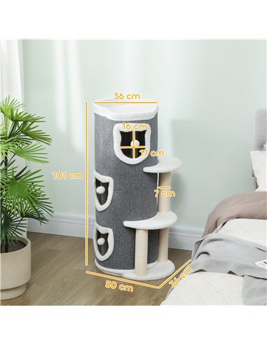 PawHut 101 cm Cat Tree with Sisal Scratching Posts, 3 Barrel Condos, 3 Platforms, for Indoor Cats to Rest and Play