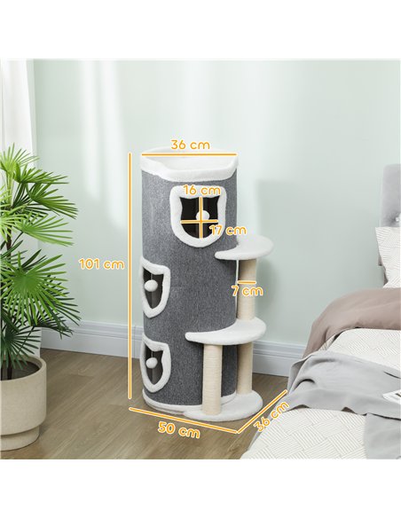 PawHut 101 cm Cat Tree with Sisal Scratching Posts, 3 Barrel Condos, 3 Platforms, for Indoor Cats to Rest and Play - pic 194262 | FastDaddyshop