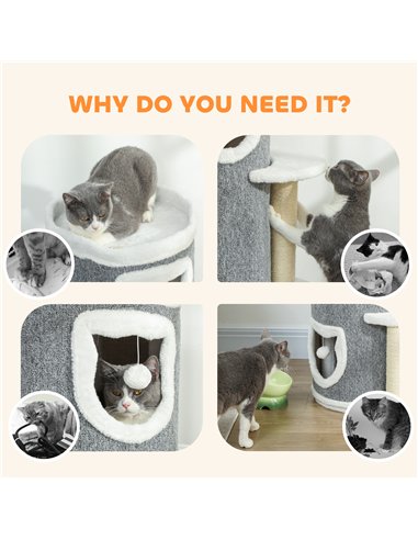 PawHut 101 cm Cat Tree with Sisal Scratching Posts, 3 Barrel Condos, 3 Platforms, for Indoor Cats to Rest and Play