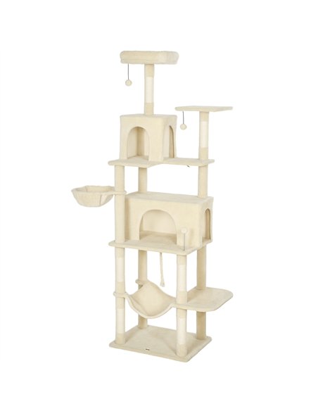 PawHut 202cm Cat Tree with 6 Scratching Posts, 2 Hammocks, 2 Condos, 2 Perches, Pompoms, for Cats to Rest and Play, Beige - pic 194269 | FastDaddyshop