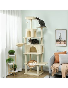 PawHut 202cm Cat Tree with 6 Scratching Posts, 2 Hammocks, 2 Condos, 2 Perches, Pompoms, for Cats to Rest and Play, Beige 2