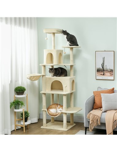 PawHut 202cm Cat Tree with 6 Scratching Posts, 2 Hammocks, 2 Condos, 2 Perches, Pompoms, for Cats to Rest and Play, Beige