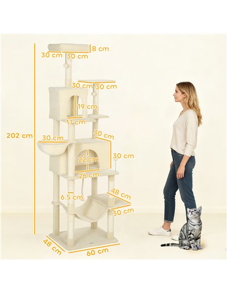 PawHut 202cm Cat Tree with 6 Scratching Posts, 2 Hammocks, 2 Condos, 2 Perches, Pompoms, for Cats to Rest and Play, Beige - pic 194271 | FastDaddyshop