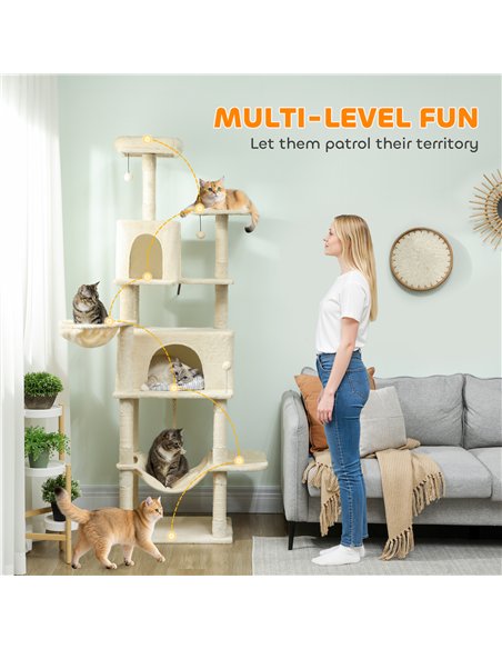 PawHut 202cm Cat Tree with 6 Scratching Posts, 2 Hammocks, 2 Condos, 2 Perches, Pompoms, for Cats to Rest and Play, Beige - pic 194272 | FastDaddyshop