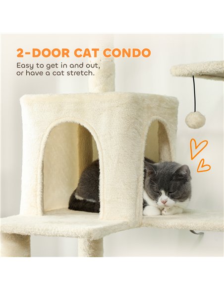 PawHut 202cm Cat Tree with 6 Scratching Posts, 2 Hammocks, 2 Condos, 2 Perches, Pompoms, for Cats to Rest and Play, Beige - pic 194273 | FastDaddyshop