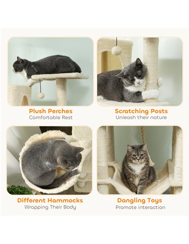 PawHut 202cm Cat Tree with 6 Scratching Posts, 2 Hammocks, 2 Condos, 2 Perches, Pompoms, for Cats to Rest and Play, Beige
