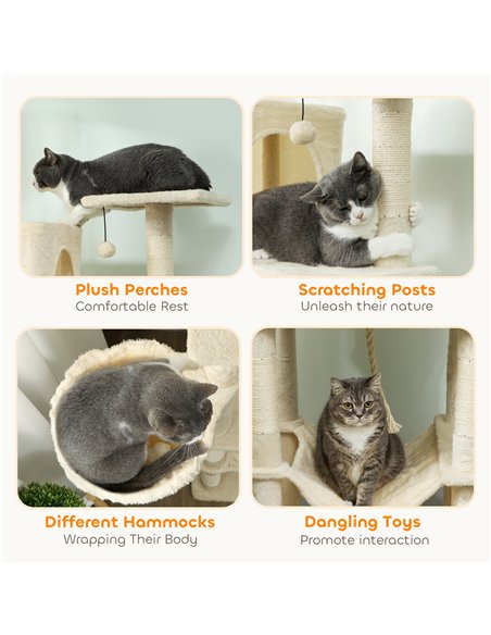 PawHut 202cm Cat Tree with 6 Scratching Posts, 2 Hammocks, 2 Condos, 2 Perches, Pompoms, for Cats to Rest and Play, Beige - pic 194274 | FastDaddyshop