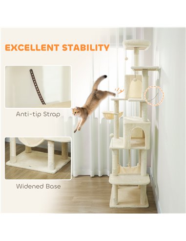 PawHut 202cm Cat Tree with 6 Scratching Posts, 2 Hammocks, 2 Condos, 2 Perches, Pompoms, for Cats to Rest and Play, Beige
