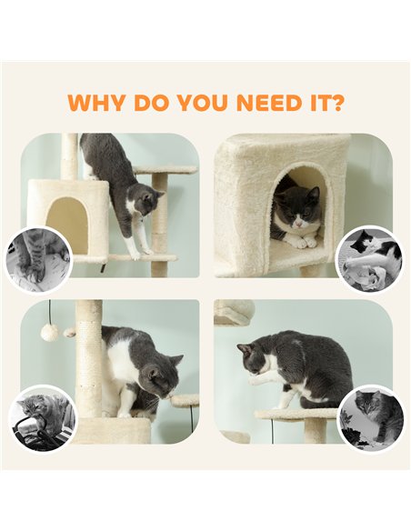 PawHut 202cm Cat Tree with 6 Scratching Posts, 2 Hammocks, 2 Condos, 2 Perches, Pompoms, for Cats to Rest and Play, Beige - pic 194276 | FastDaddyshop