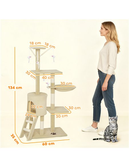 PawHut Multi-Level Cat Tower, 134cm Cat Tree with Condo and Sisal Scratching Posts for Indoor Kittens, Beige - pic 194280 | FastDaddyshop