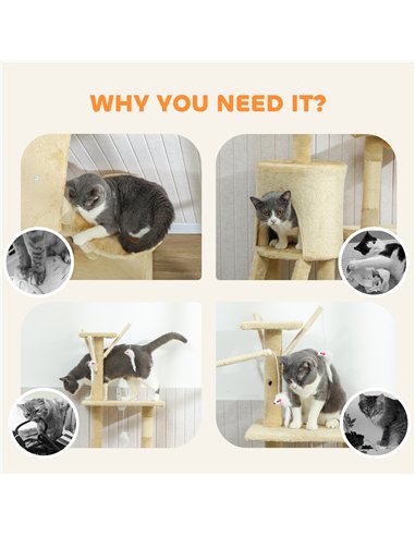PawHut Multi-Level Cat Tower, 134cm Cat Tree with Condo and Sisal Scratching Posts for Indoor Kittens, Beige
