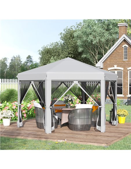 Outsunny 3.2m Pop Up Hexagonal Gazebo with Mesh Sidewalls, Handy Bag, Light Grey - pic 19430 | FastDaddyshop
