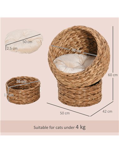 PawHut Woven Banana Leaf Elevated Cat Bed Wicker Kitten Basket Pet Den, House Cosy Cave with Soft Cushion Dome 50x42x60cm Brown
