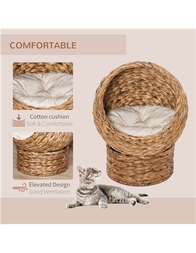 PawHut Woven Banana Leaf Elevated Cat Bed Wicker Kitten Basket Pet Den, House Cosy Cave with Soft Cushion Dome 50x42x60cm Brown