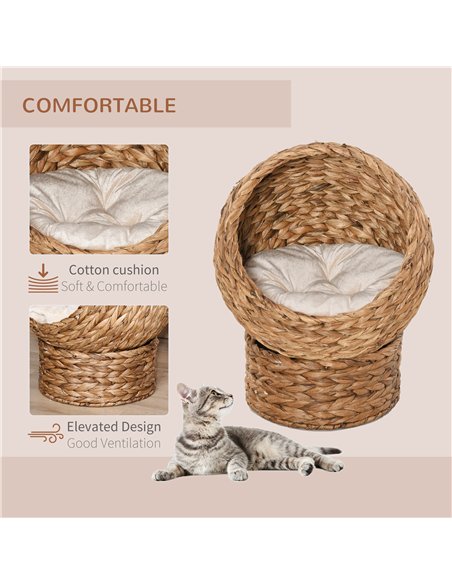 PawHut Woven Banana Leaf Elevated Cat Bed Wicker Kitten Basket Pet Den, House Cosy Cave with Soft Cushion Dome 50x42x60cm Brown - pic 194308 | FastDaddyshop