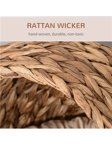 PawHut Woven Banana Leaf Elevated Cat Bed Wicker Kitten Basket Pet Den, House Cosy Cave with Soft Cushion Dome 50x42x60cm Brown - pic 194309 | FastDaddyshop