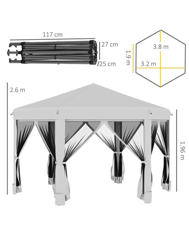 Outsunny 3.2m Pop Up Hexagonal Gazebo with Mesh Sidewalls, Handy Bag, Light Grey