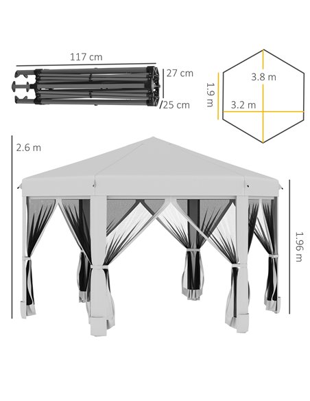 Outsunny 3.2m Pop Up Hexagonal Gazebo with Mesh Sidewalls, Handy Bag, Light Grey - pic 19431 | FastDaddyshop