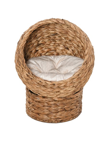 PawHut Woven Banana Leaf Elevated Cat Bed Wicker Kitten Basket Pet Den, House Cosy Cave with Soft Cushion Dome 50x42x60cm Brown - pic 194311 | FastDaddyshop