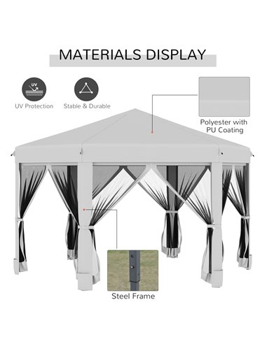 Outsunny 3.2m Pop Up Gazebo Hexagonal Canopy Tent Outdoor Sun Protection with Mesh Sidewalls, Handy Bag, Light Grey