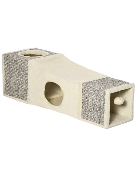 PawHut Cat Tunnel, Plush Large Play Tunnel with Two Caves and Hanging Ball, Cream White - pic 194323 | FastDaddyshop