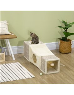 PawHut Cat Tunnel, Plush Large Play Tunnel with Two Caves and Hanging Ball, Cream White 2