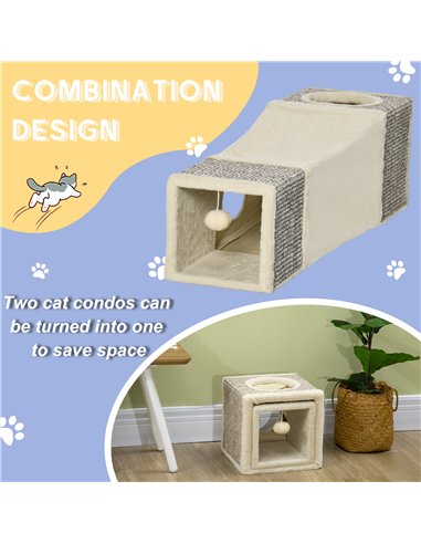 PawHut Cat Tunnel, Plush Large Play Tunnel with Two Caves and Hanging Ball, Cream White