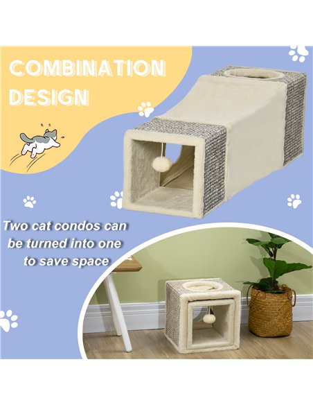 PawHut Cat Tunnel, Plush Large Play Tunnel with Two Caves and Hanging Ball, Cream White - pic 194326 | FastDaddyshop