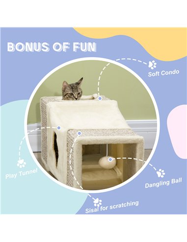 PawHut Cat Tunnel, Plush Large Play Tunnel with Two Caves and Hanging Ball, Cream White