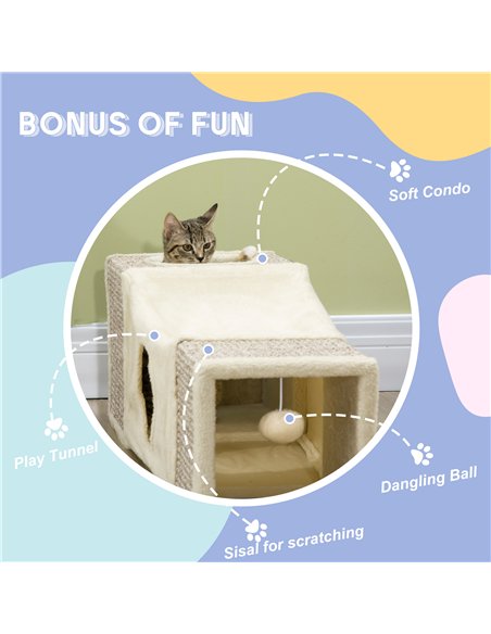 PawHut Cat Tunnel, Plush Large Play Tunnel with Two Caves and Hanging Ball, Cream White - pic 194327 | FastDaddyshop
