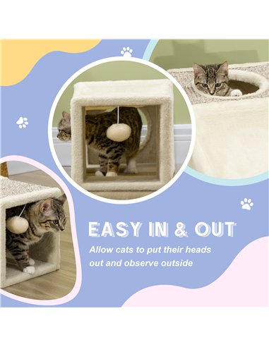 PawHut Cat Tunnel, Plush Large Play Tunnel with Two Caves and Hanging Ball, Cream White