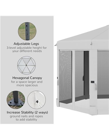Outsunny 3.2m Pop Up Gazebo Hexagonal Canopy Tent Outdoor Sun Protection with Mesh Sidewalls, Handy Bag, Light Grey