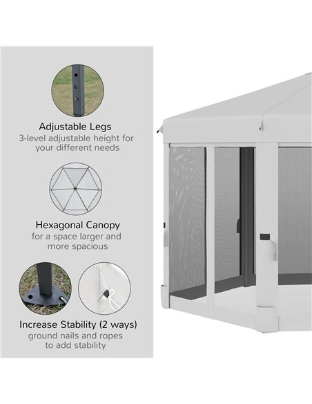 Outsunny 3.2m Pop Up Gazebo Hexagonal Canopy Tent Outdoor Sun Protection with Mesh Sidewalls, Handy Bag, Light Grey - pic 19433 | FastDaddyshop