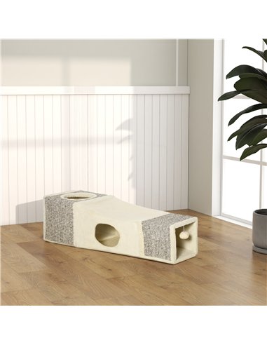 PawHut Cat Tunnel, Plush Large Play Tunnel with Two Caves and Hanging Ball, Cream White