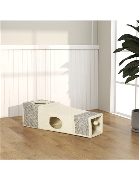PawHut Cat Tunnel, Plush Large Play Tunnel with Two Caves and Hanging Ball, Cream White - pic 194331 | FastDaddyshop