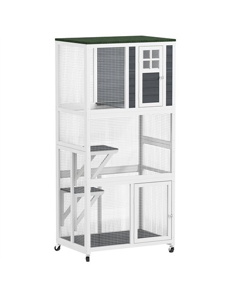 PawHut Wooden Catio Cat Outdoor Enclosure, Cat Cage with Waterproof Roof, Platforms, for Multiple Cats, White - pic 194332 | FastDaddyshop