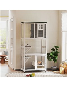 PawHut Wooden Catio Cat Outdoor Enclosure, Cat Cage with Waterproof Roof, Platforms, for Multiple Cats, White 2
