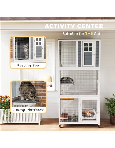 PawHut Wooden Catio Cat Outdoor Enclosure, Cat Cage with Waterproof Roof, Platforms, for Multiple Cats, White