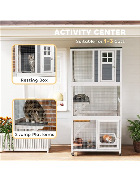 PawHut Wooden Catio Cat Outdoor Enclosure, Cat Cage with Waterproof Roof, Platforms, for Multiple Cats, White - pic 194335 | FastDaddyshop